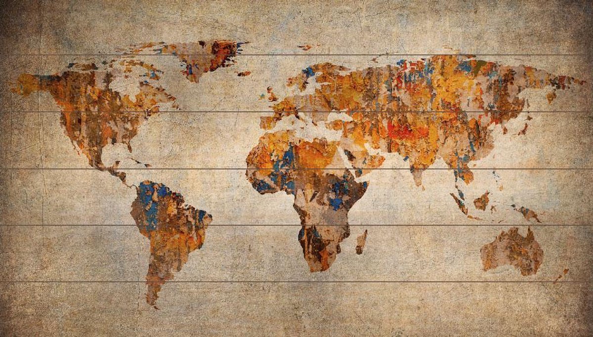 Wereldkaart op Hout Roest | 124 x 70cm | Gratis 100 prikkers en ophangsysteem